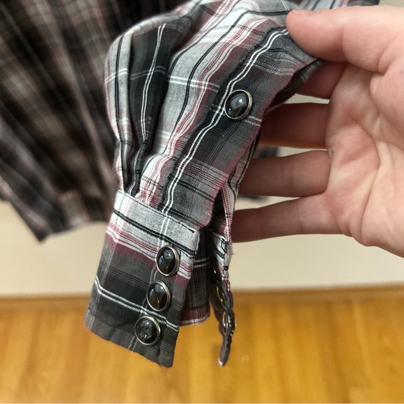 KEY Mens 2XLT Tall Red Gray Plaid Black Pearl Snap Long Sleeve Work Shirt - Picture 6 of 9